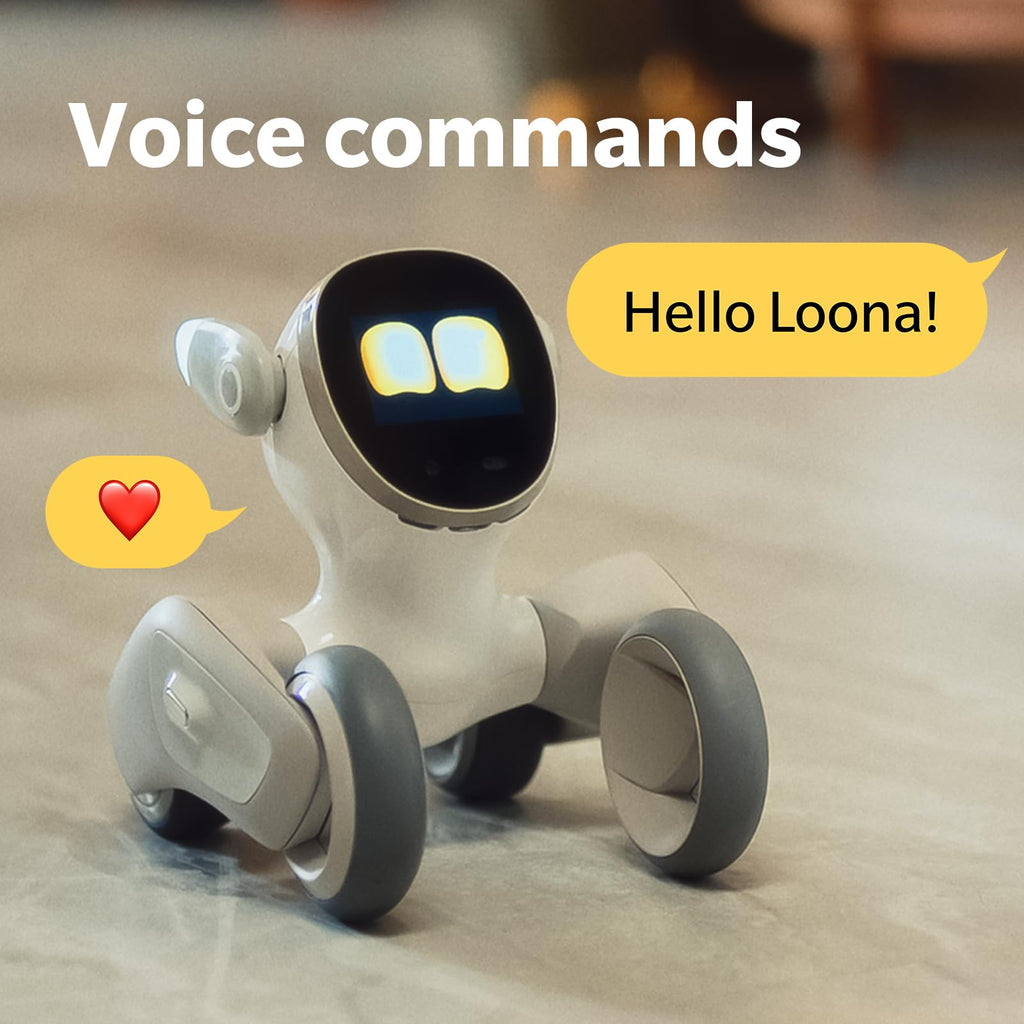 White robotic dog on the floor with glowing eyes and open front posture