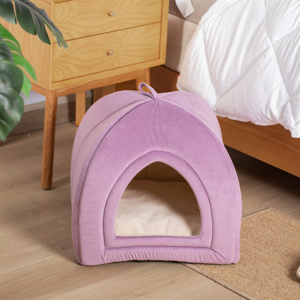Kasentex soft cat bed cushion in purple, empty rounded igloo with arched front opening
