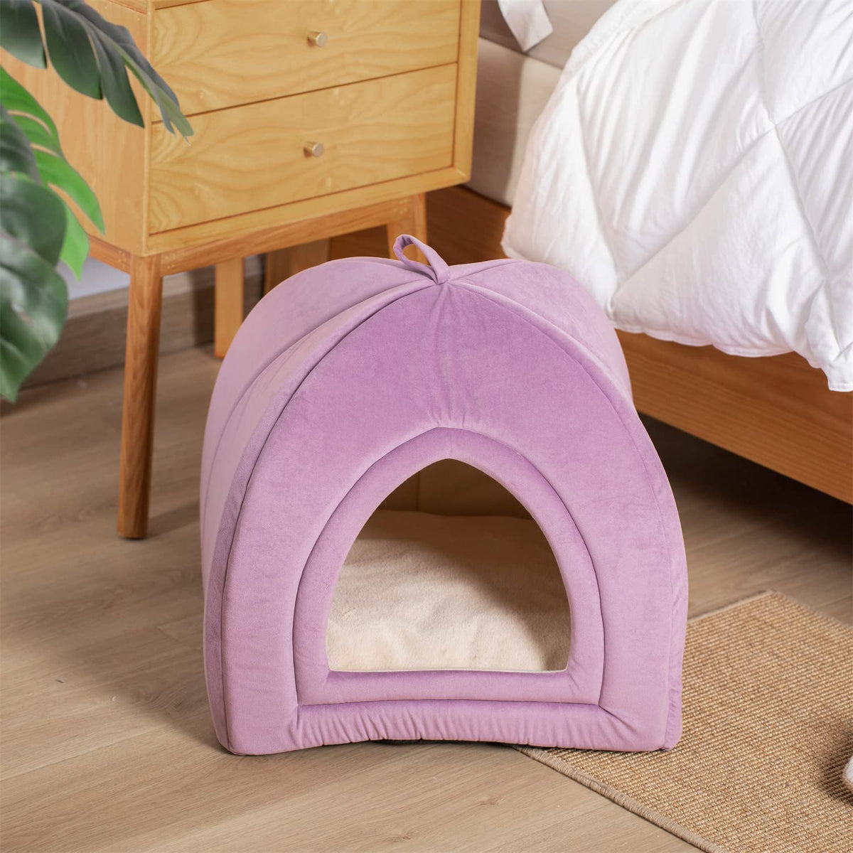 Kasentex soft cat bed cushion in purple, empty rounded igloo with arched front opening