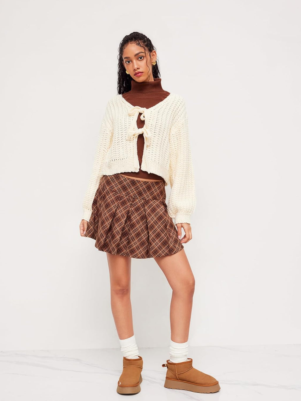 Women’s cream V-neck tie-front knit cardigan sweater, cropped oversized fit