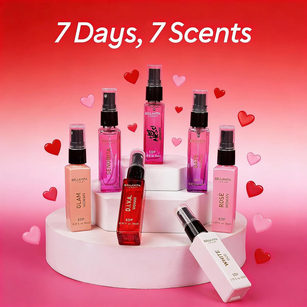 Seven 8ml perfume spray bottles arranged on a white display stand