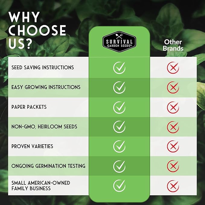 Why choose Survival Garden Seeds chart with seed-saving checklist and X comparisons