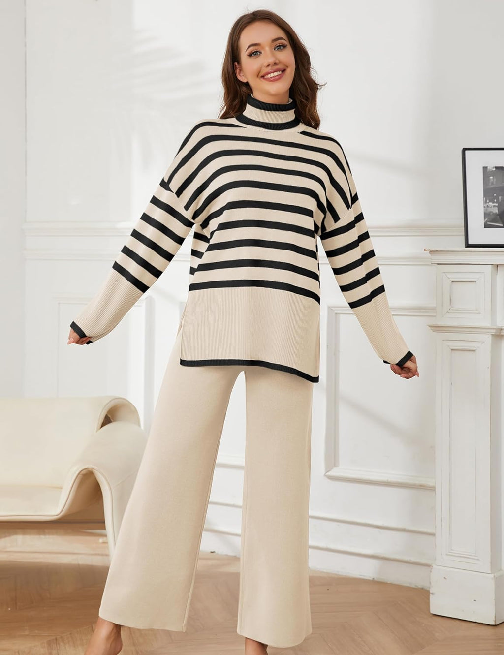 Women’s striped knit sweater and wide-leg pants set, cream sweater with black stripes