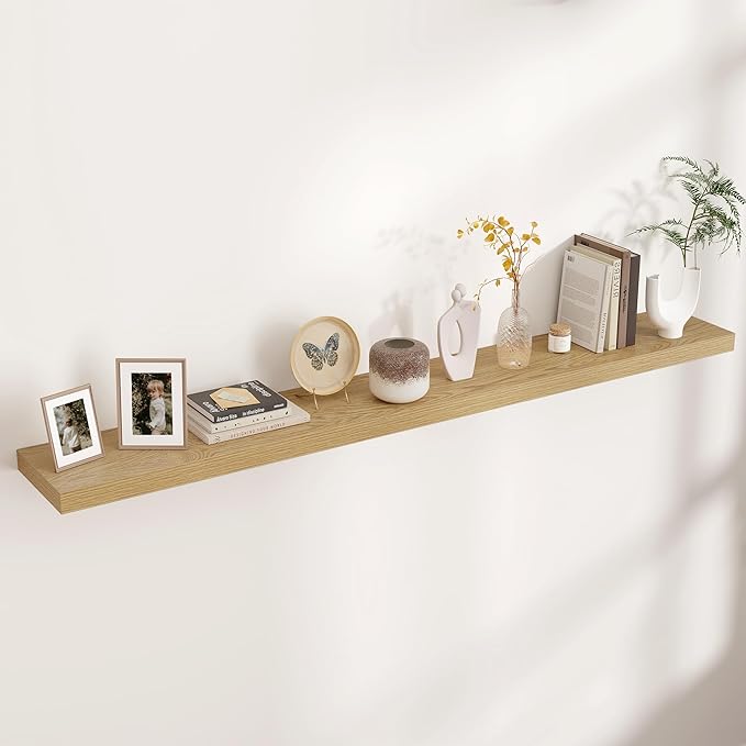 Long oak floating wall shelf with invisible bracket design, rectangular plank
