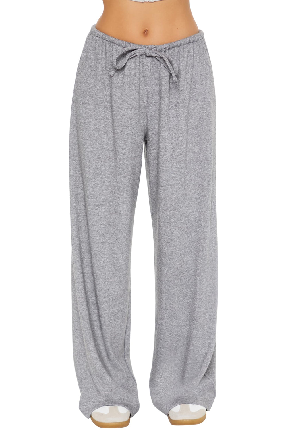 Heather grey wide-leg high-rise knit pants with tied drawstring waist