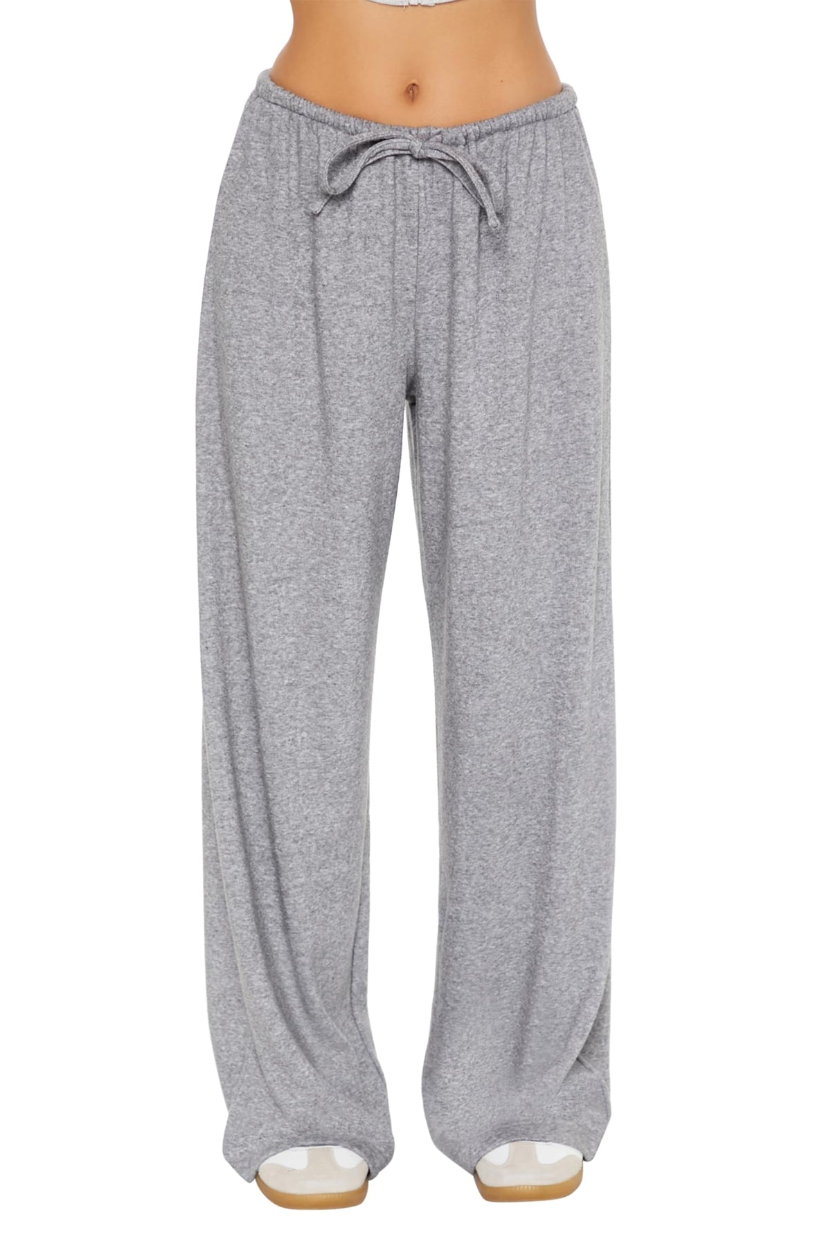 Heather grey wide-leg high-rise knit pants with tied drawstring waist