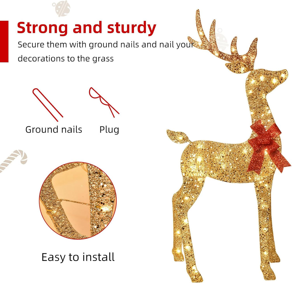 Gold glitter deer yard decoration set with red bows and ground stakes for install