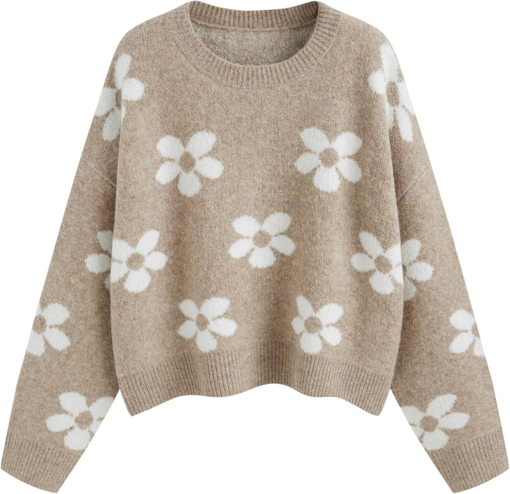 Women’s knit sweater in khaki with long sleeves and white flower pattern