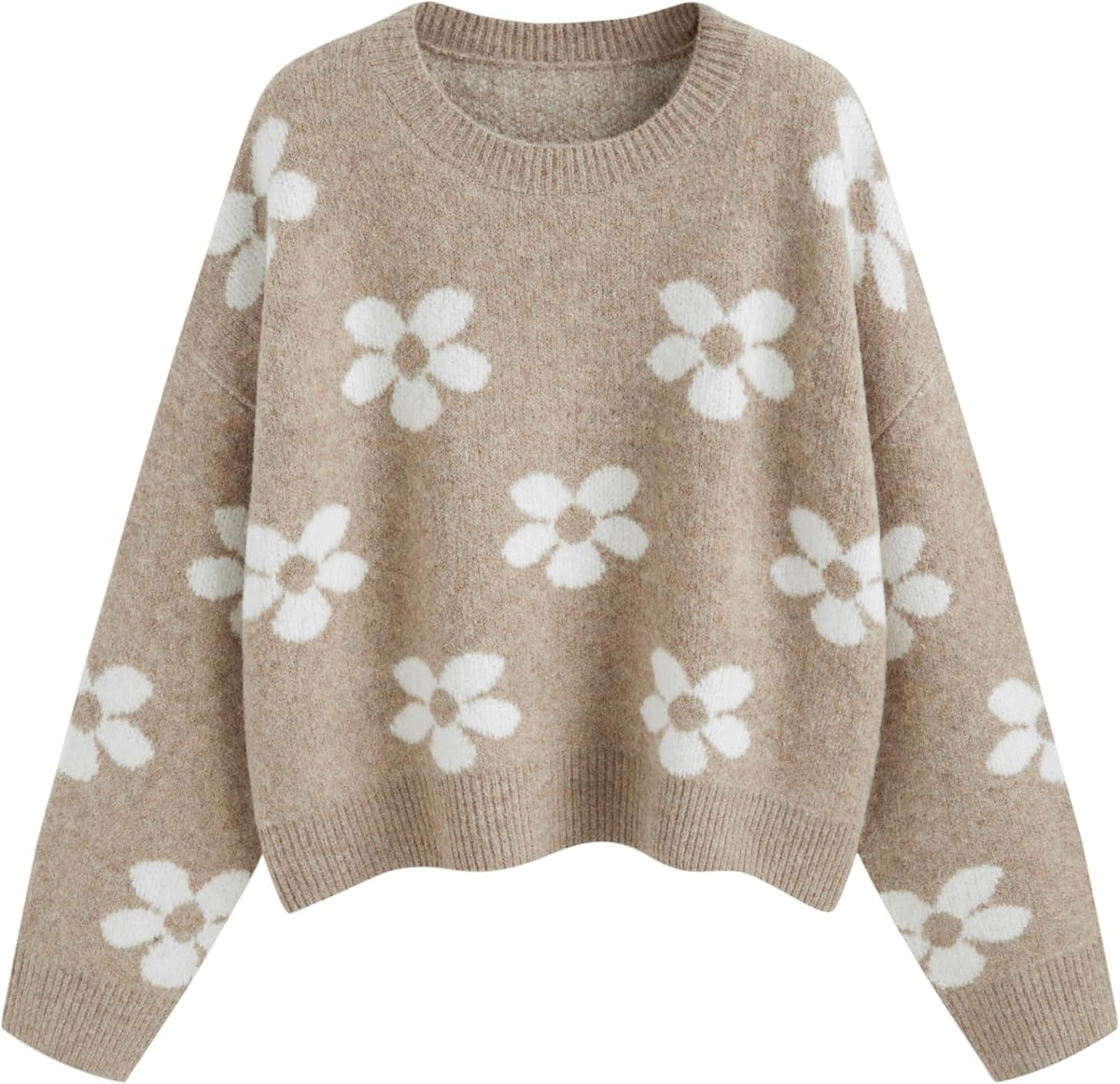 Women’s knit sweater in khaki with long sleeves and white flower pattern