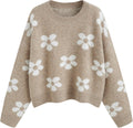 Women’s khaki long-sleeve knit sweater with white floral daisy pattern
