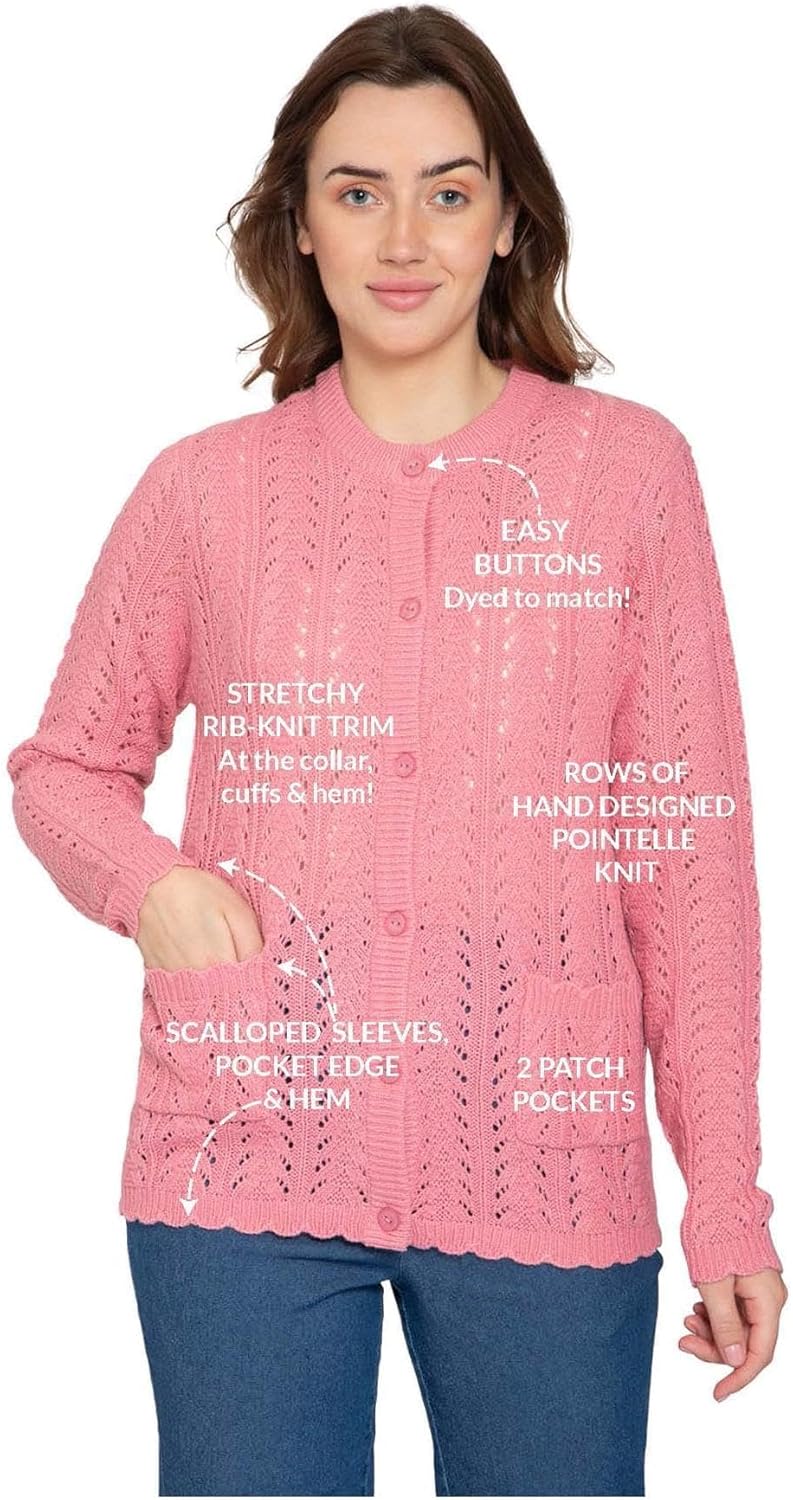 Rose pink crochet pointelle cardigan with rib-knit trim and 2 patch pockets