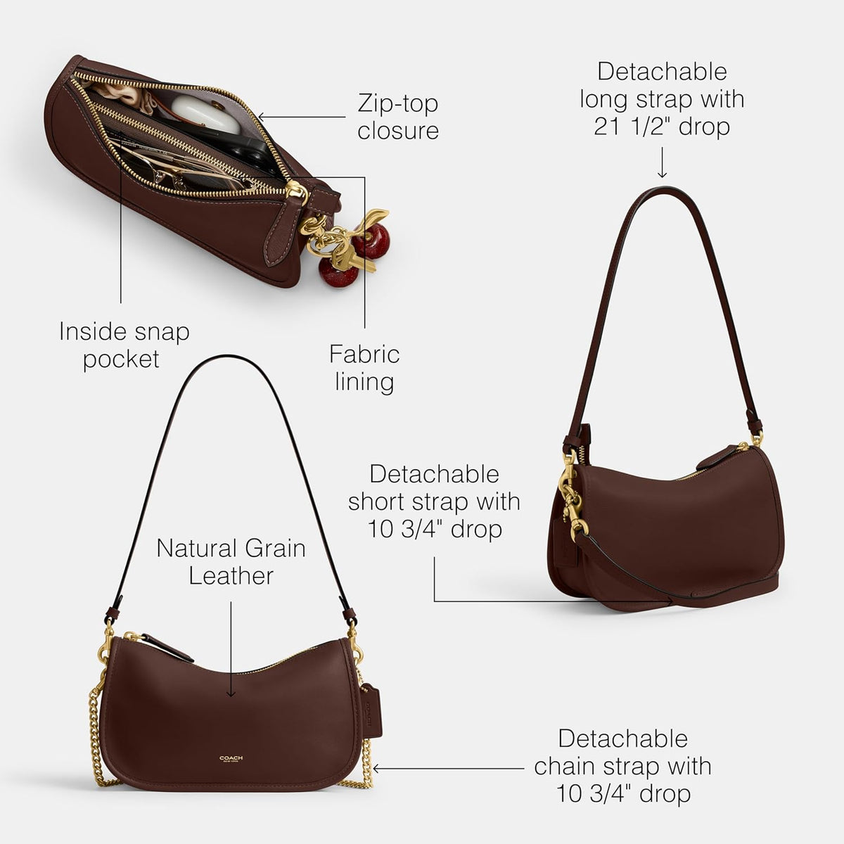 Brown grain leather wristlet bag with zip top, detachable straps and snap pocket