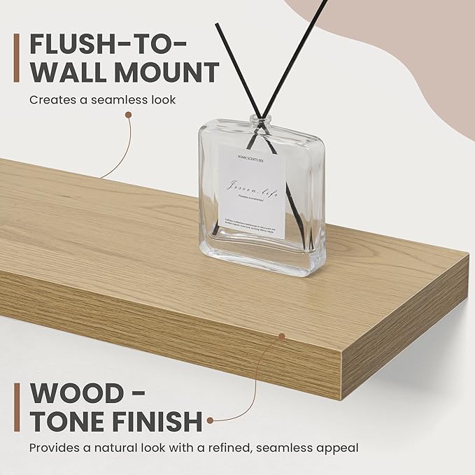Oak floating shelf with flush-to-wall, seamless look and wood-tone finish