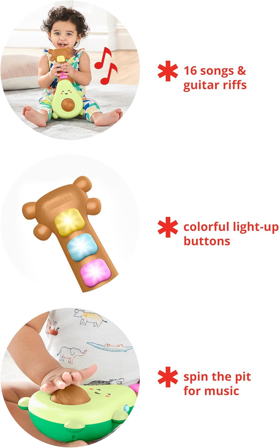 Avocado guitar toy with glowing buttons and spinning music panel