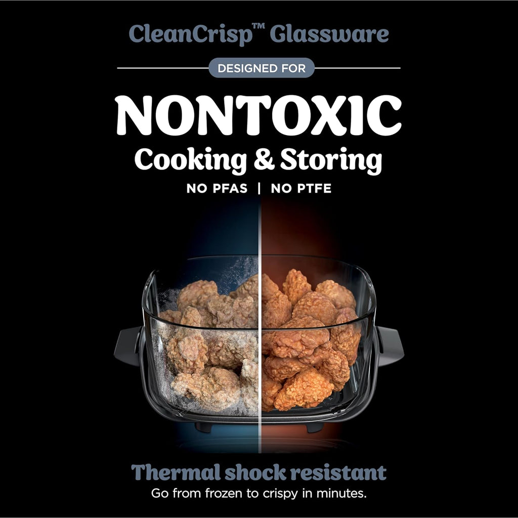CleanCrisp glassware cooking container with two sections holding cooked food inside