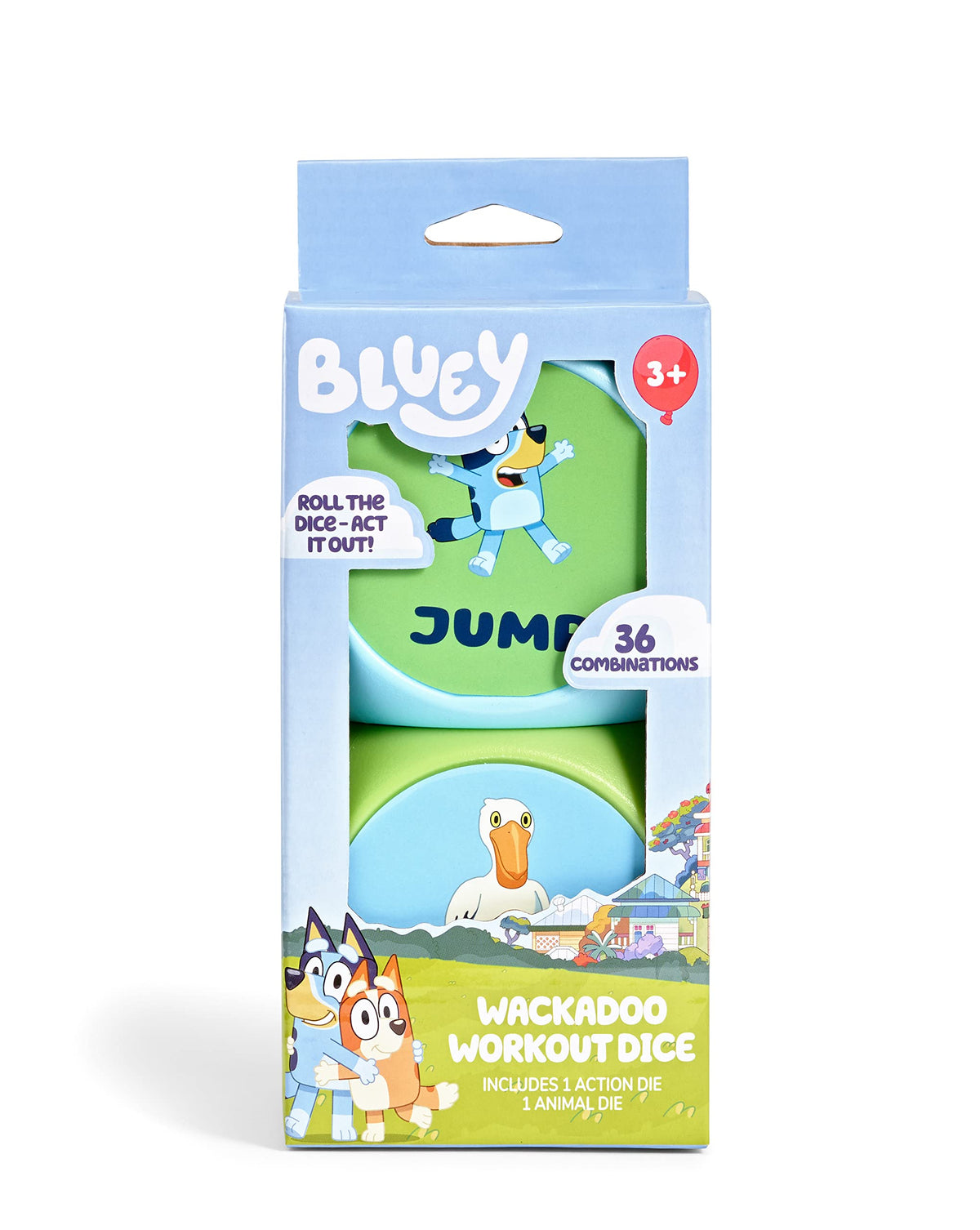 Bluey Wackadoo workout dice game box with roll-and-act instructions and 36 combinations.