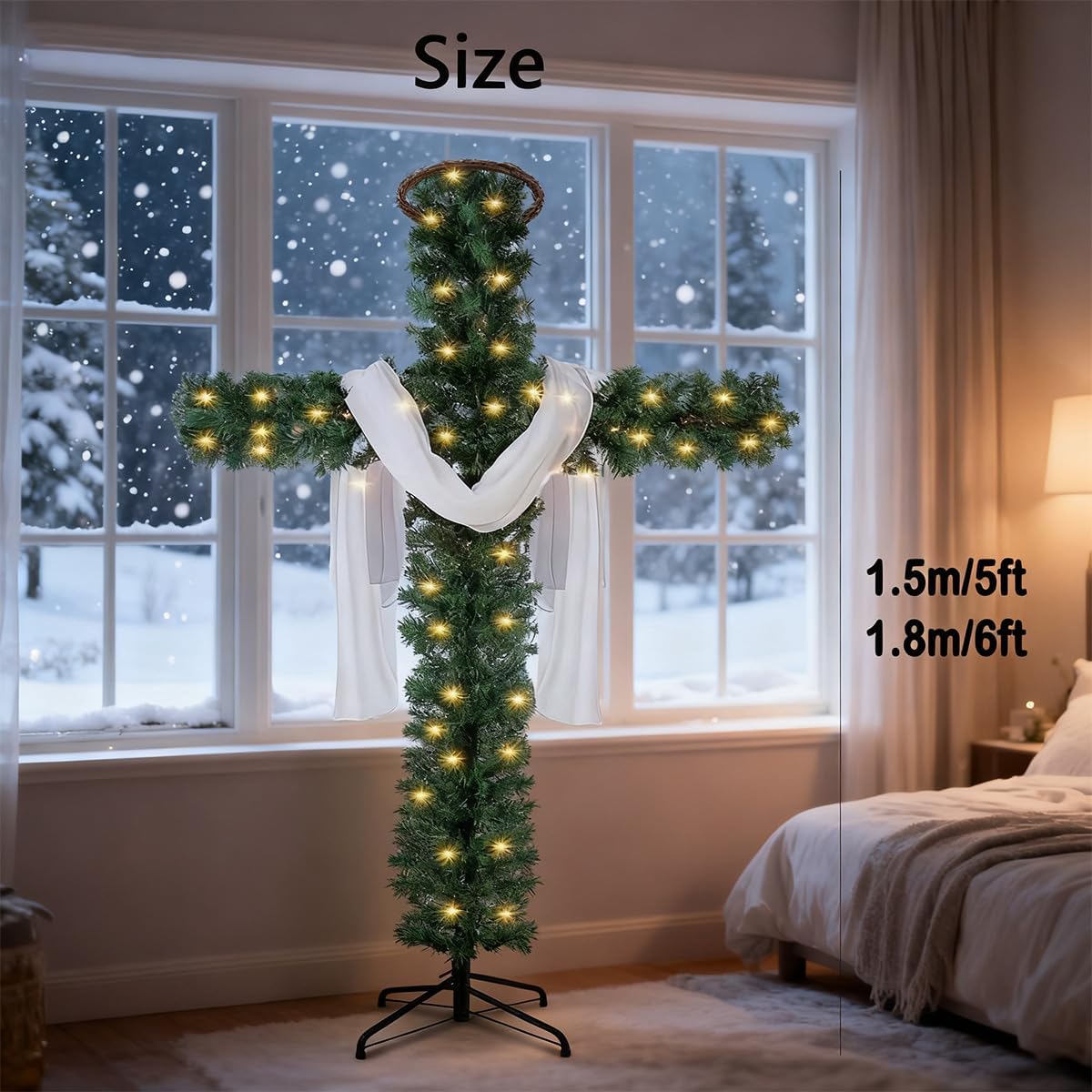 Pre-lit cross-shaped artificial pine tree with white drapes and warm lights by window