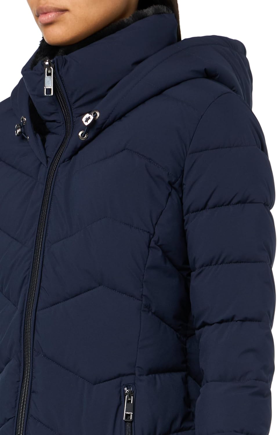 Calvin Klein women’s navy chevron puffer jacket with hood, front zip, and two zip pockets