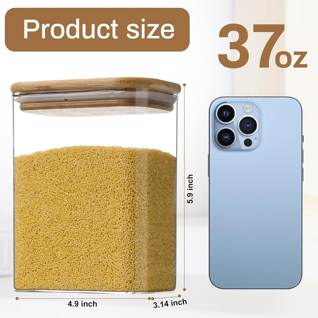 Square clear glass storage jar with bamboo lid, about 37 oz capacity, 5.9 in height.