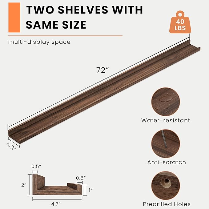 Walnut floating picture ledge shelf, 72 in long; water-resistant, anti-scratch, predrilled holes.