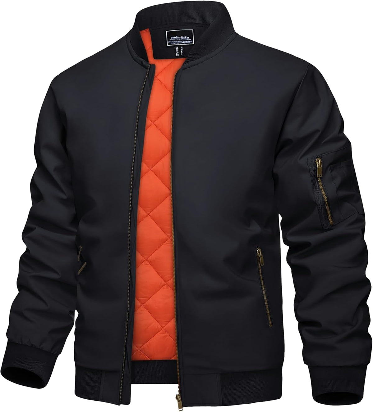 Men's padded bomber jacket, black with full-zip front and orange quilted lining
