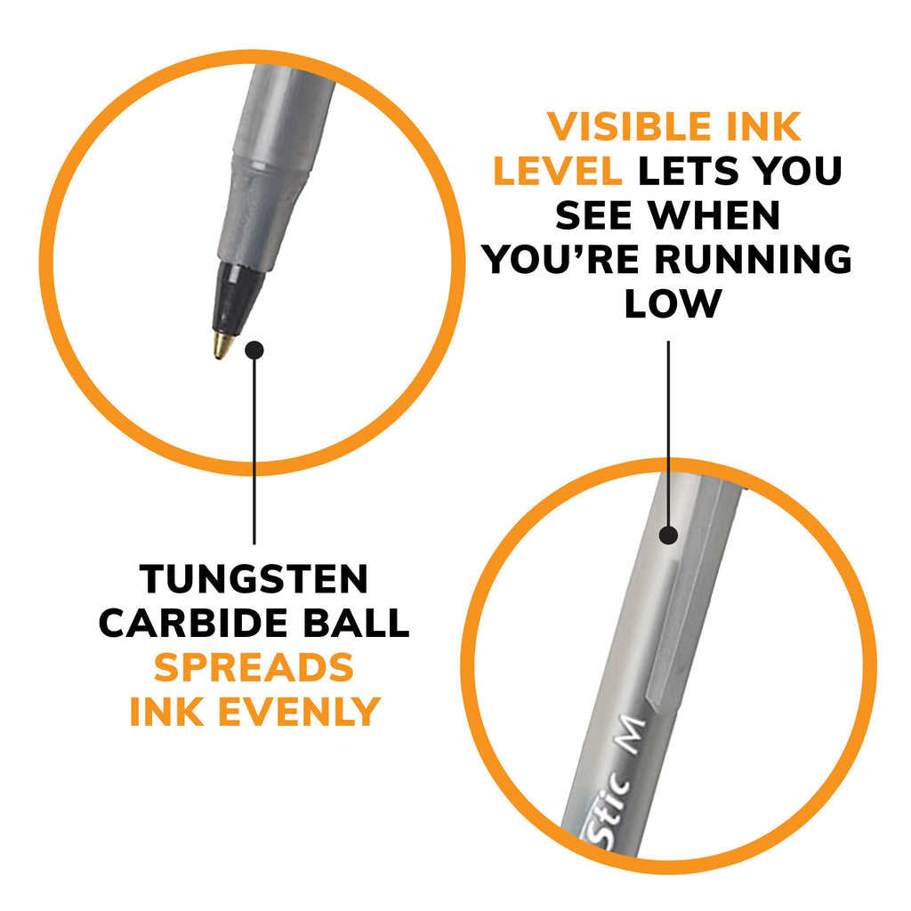 Black ballpoint pen showing ink level and tungsten carbide ball tip diagram.
