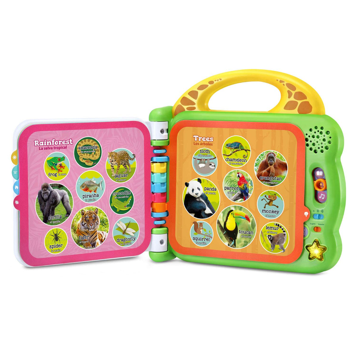Green interactive animals book with two colorful pages showing animal picture circles