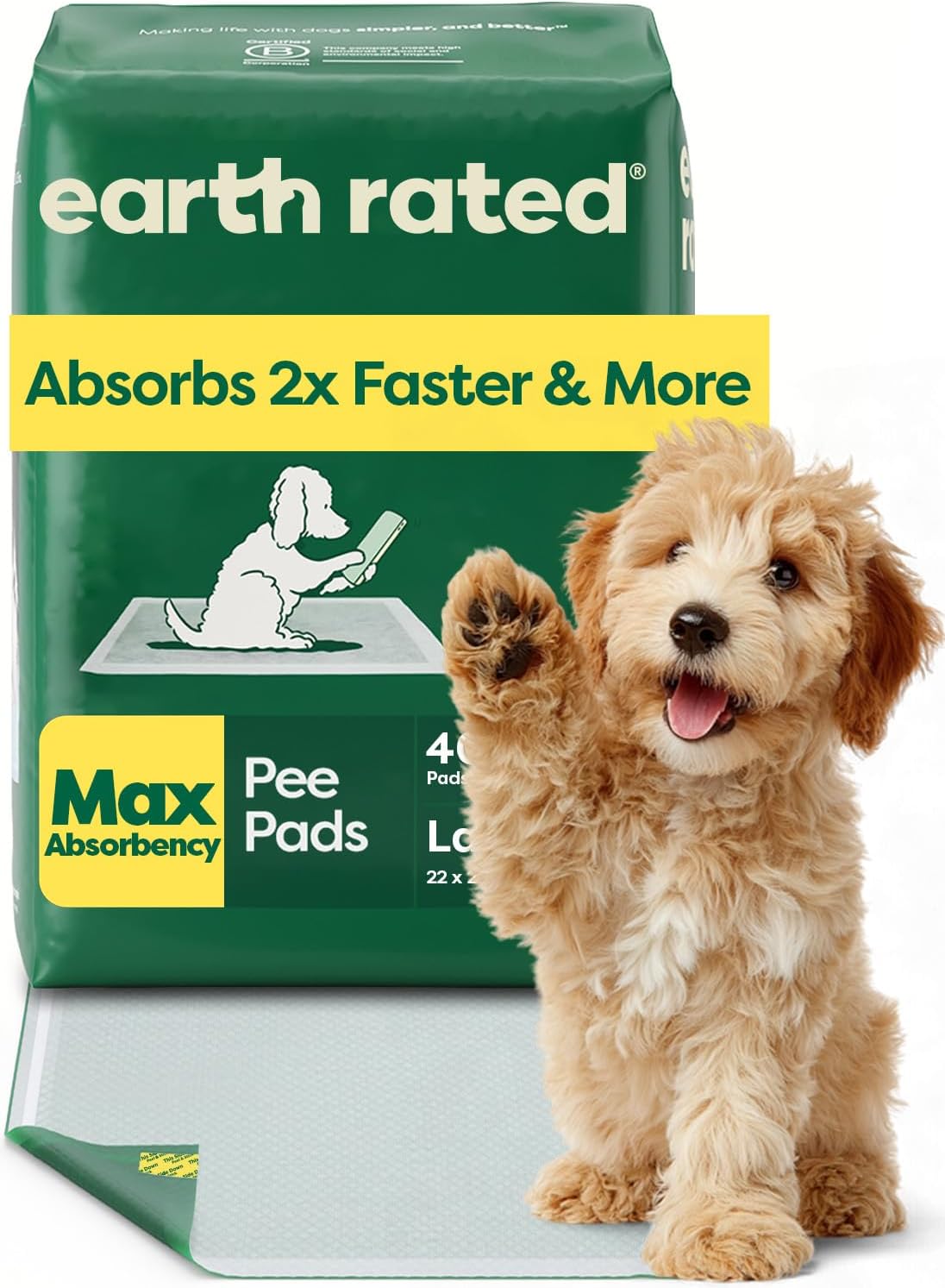 Earth Rated Max pee pads, green pack with small dog on pee pad