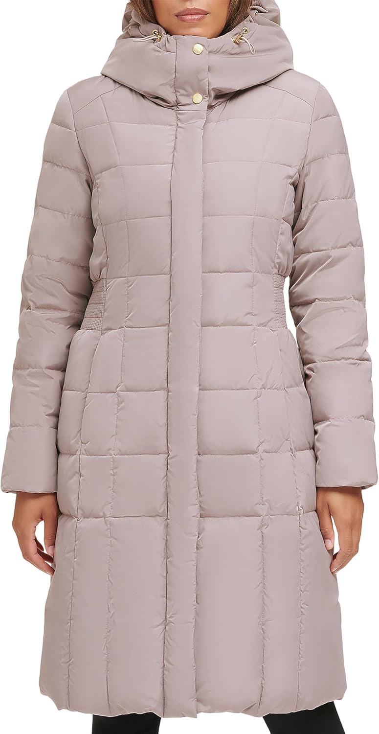 Light beige long quilted puffer coat, hood with snap buttons, front zipper.