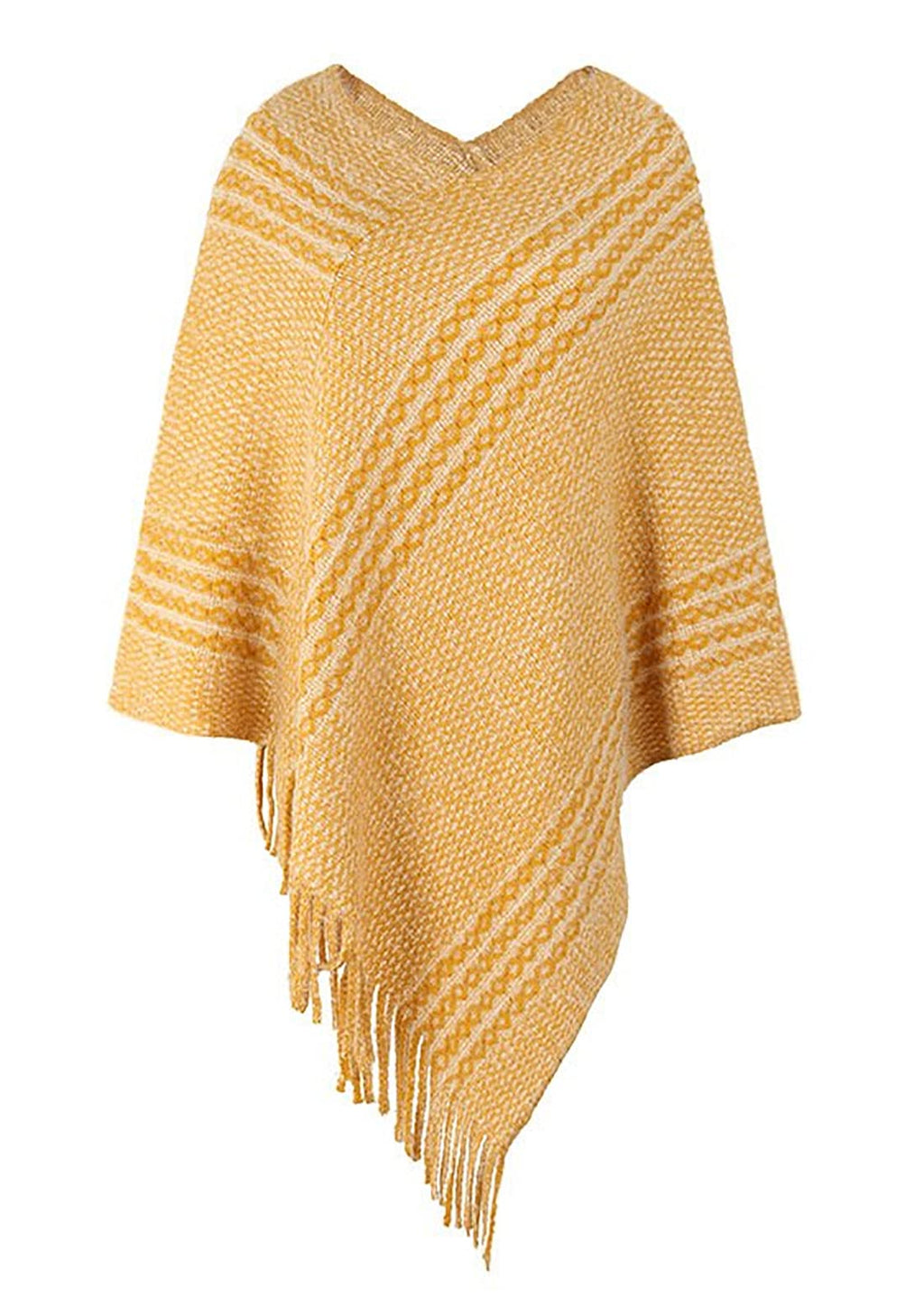 Women's yellow striped knitted V-neck poncho sweater with long fringe tassels