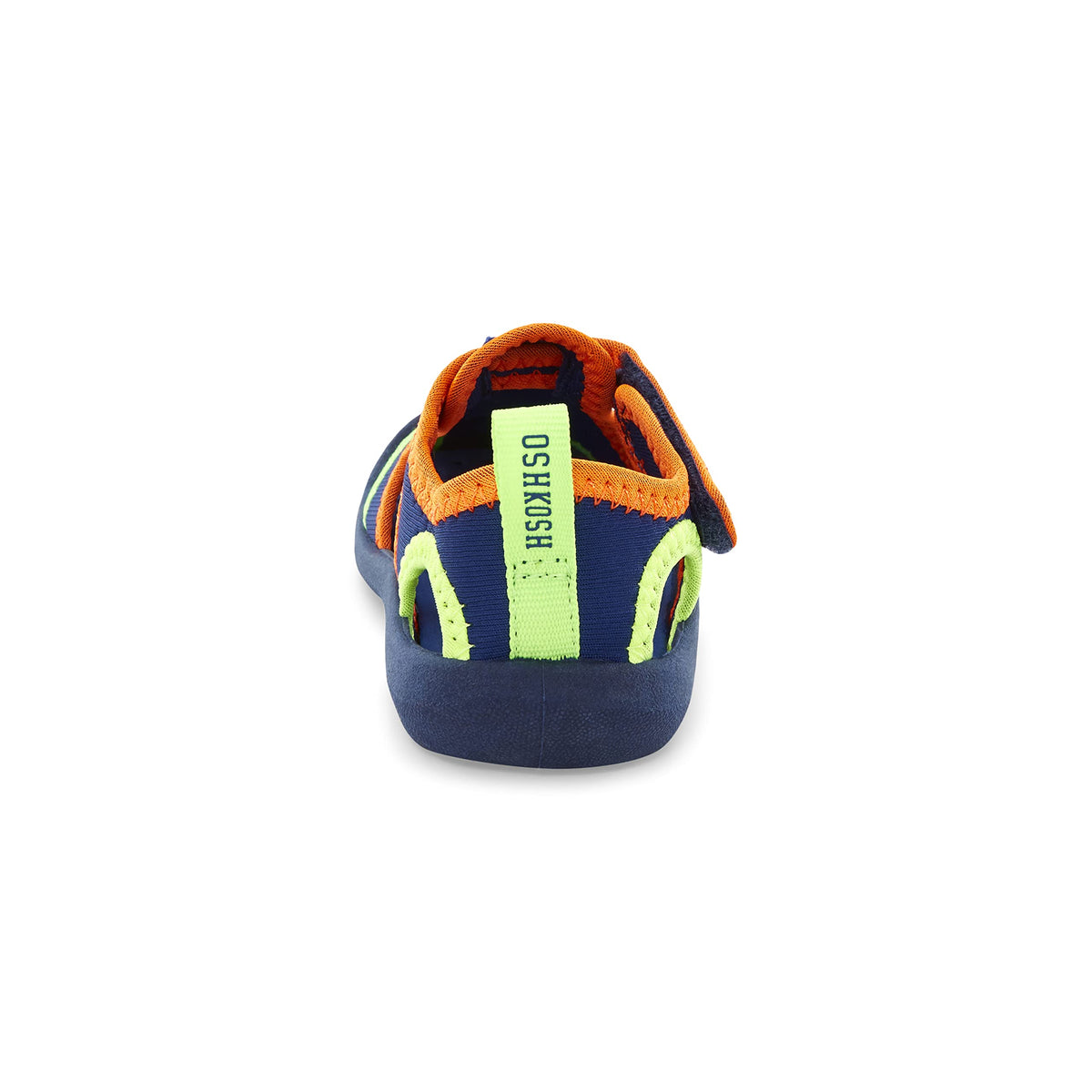 Boys water shoe heel view, navy with orange trim and neon green interior accents