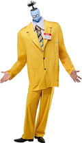 Men's yellow costume suit with blue mask and spiked hair, includes tie, jacket, pants