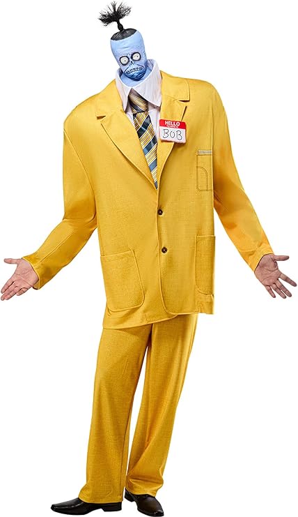 Men's yellow costume suit with blue mask and spiked hair, includes tie, jacket, pants