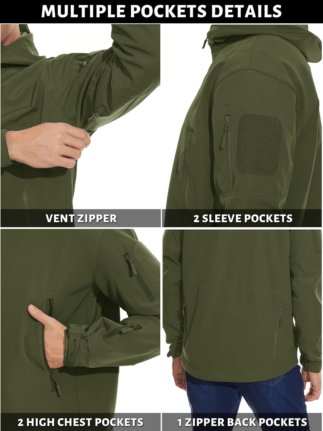 Men's olive green soft shell jacket showing zip vent and multiple exterior pockets