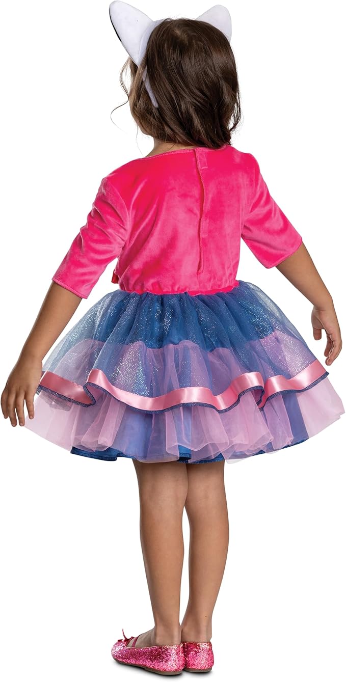 Girls costume back view: pink long-sleeve top and blue/purple layered tutu skirt
