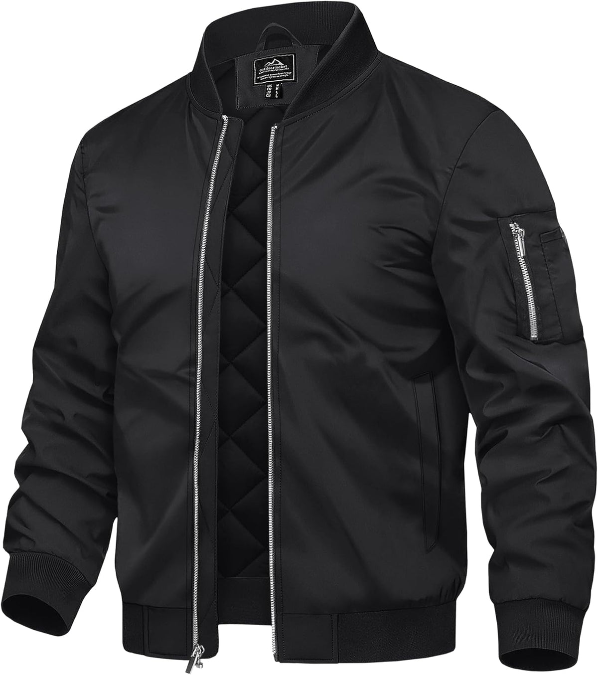 Men's black bomber jacket with zip front, ribbed hem, and zippered sleeve pocket