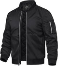 Men's black bomber jacket with stand collar, front zipper, and sleeve zip pocket