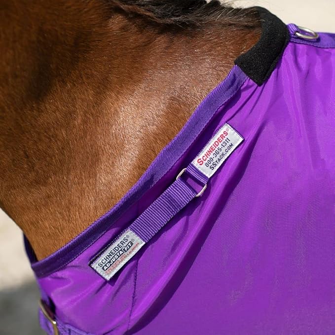 Purple horse sheet neck strap with SCHNEIDERS label and fastening hook