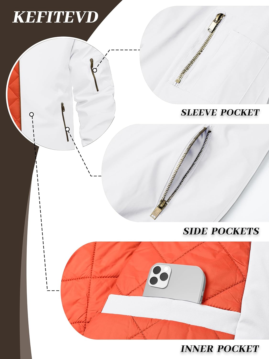 White bomber jacket with zipped sleeve pocket, side pockets, and inner pocket access.