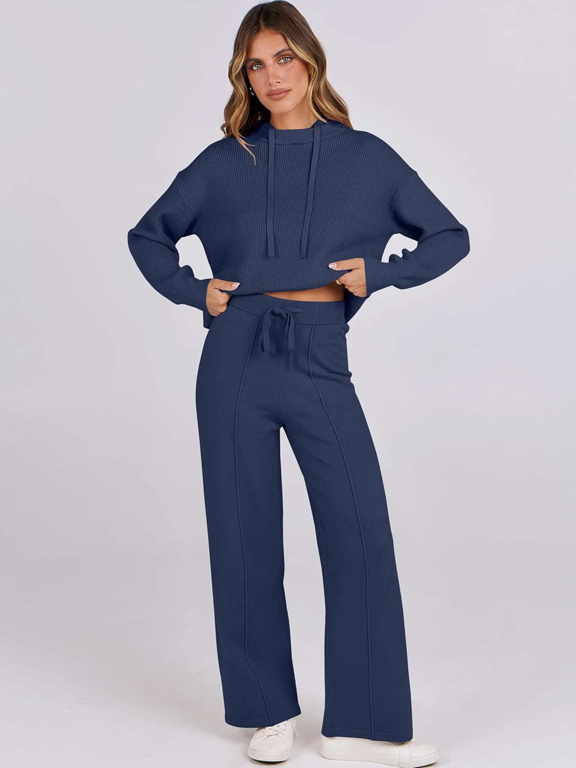 Navy two-piece lounge set: hoodie with drawstring and wide-leg pants on model
