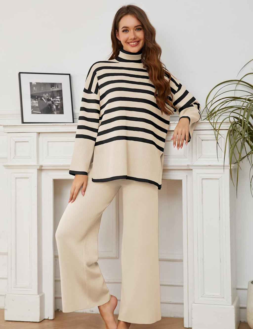 Women’s striped knit sweater and wide-leg pants set, cream pants with black striped top