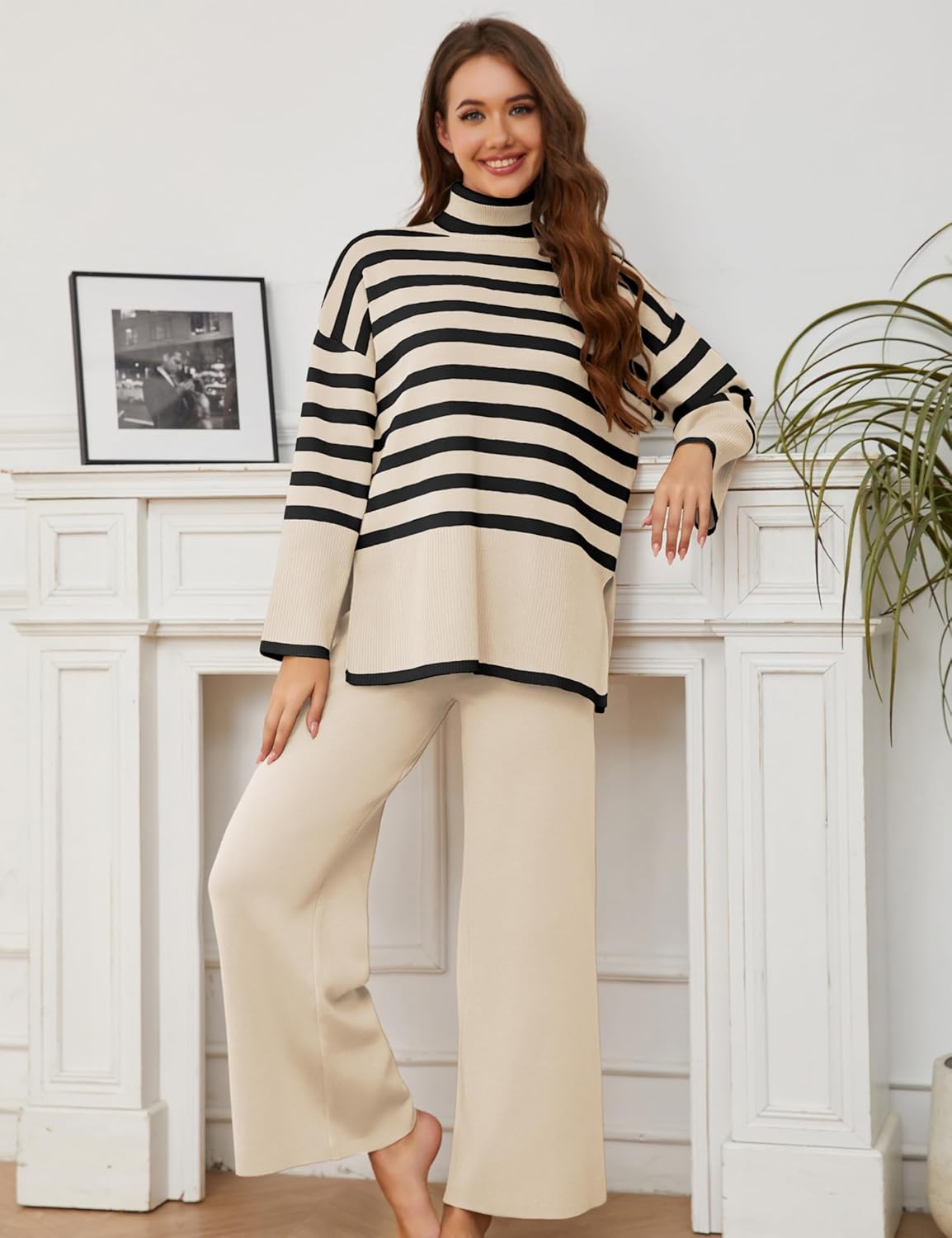 Women’s striped knit sweater and wide-leg pants set, cream pants with black striped top