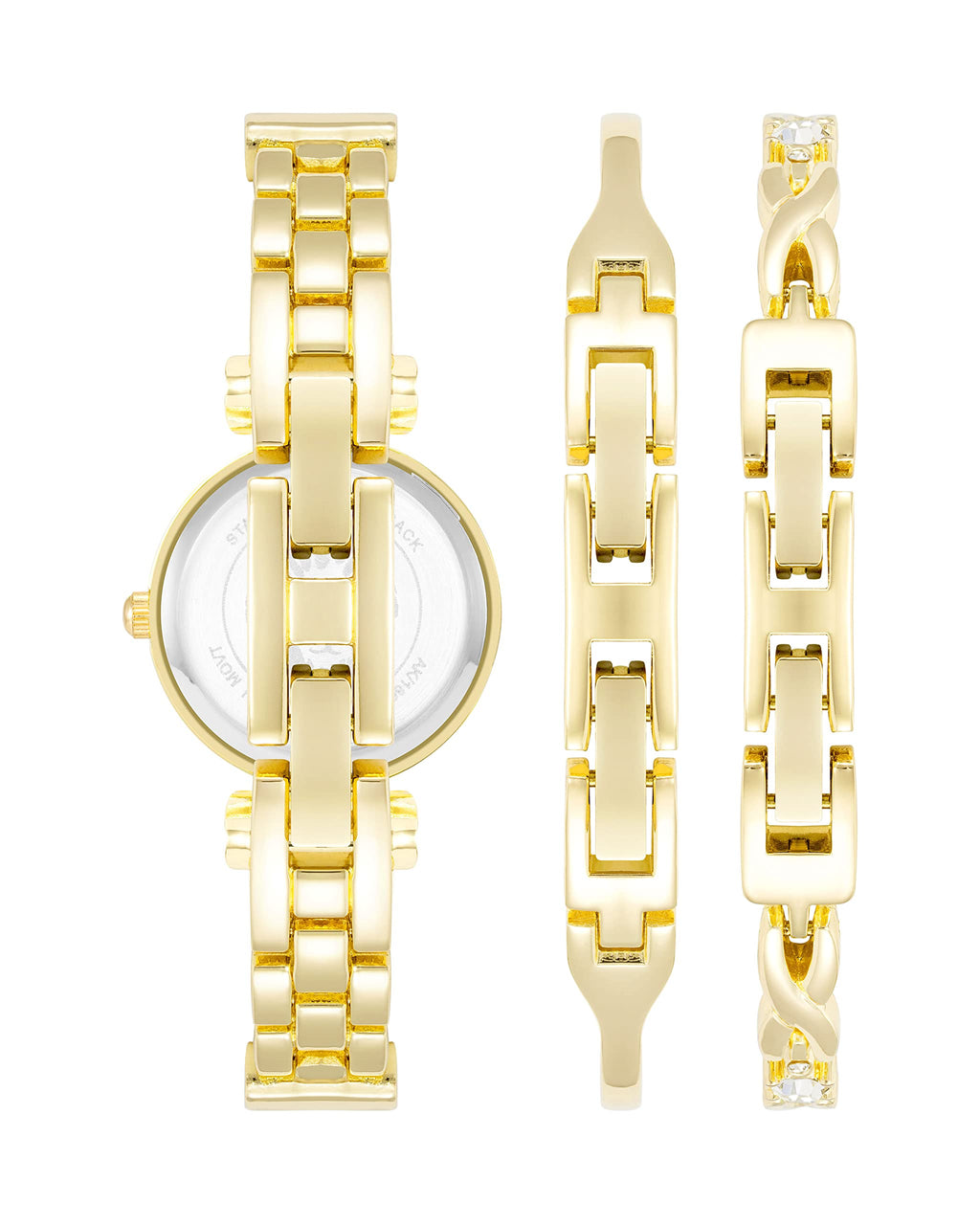 Gold-tone bangle watch with round face and matching cuff bracelets, 3-piece set