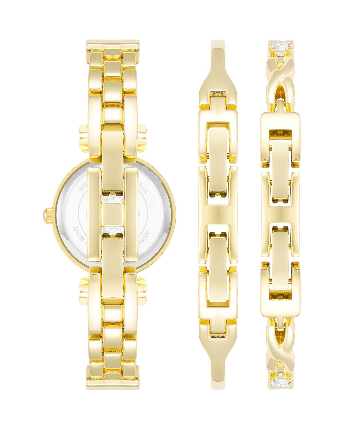 Gold-tone bangle watch with round face and matching cuff bracelets, 3-piece set