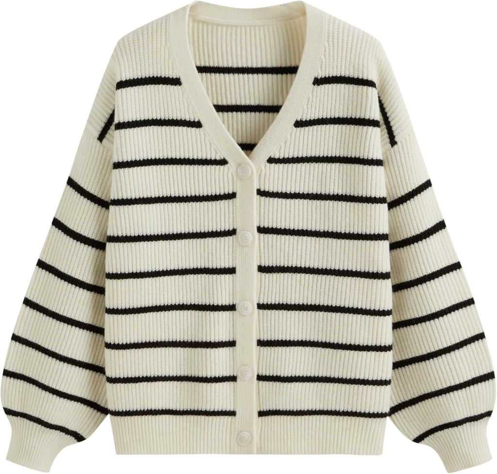 Women’s striped knit cardigan with button front and V-neck, cream with black stripes.