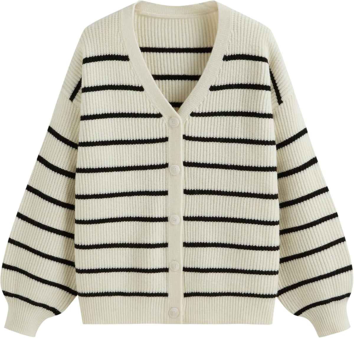 Women’s cream knit cardigan with black stripe V-neck button front