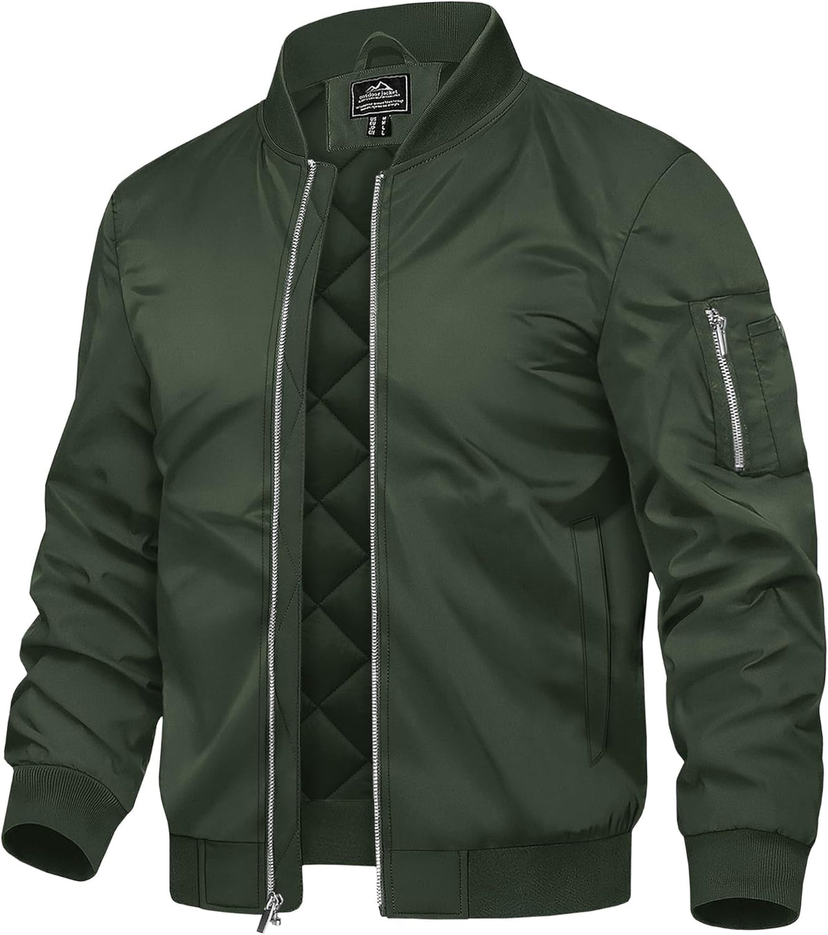 Men's army green bomber jacket with quilted lining, zip front, ribbed cuffs