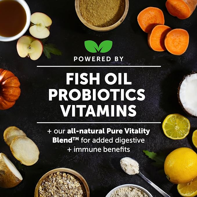 Multivitamin supplement graphic featuring fish oil, probiotics, and vitamins text
