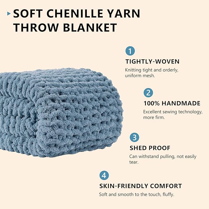 Chunky chenille throw blanket, tightly woven ribbed texture roll in blue