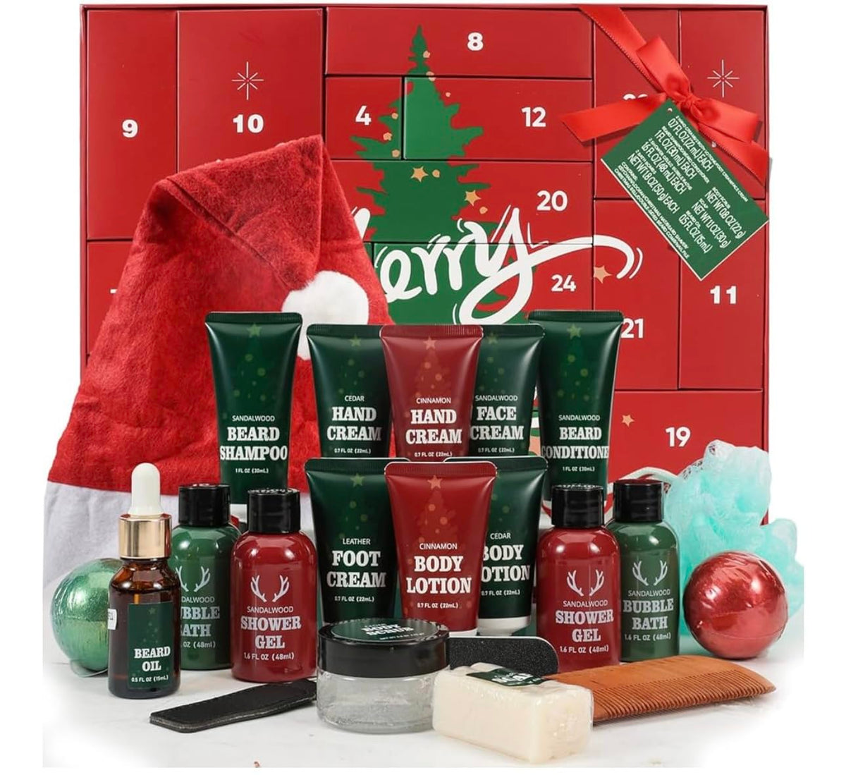 Beard care advent calendar kit with red drawstring pouch and grooming bottles